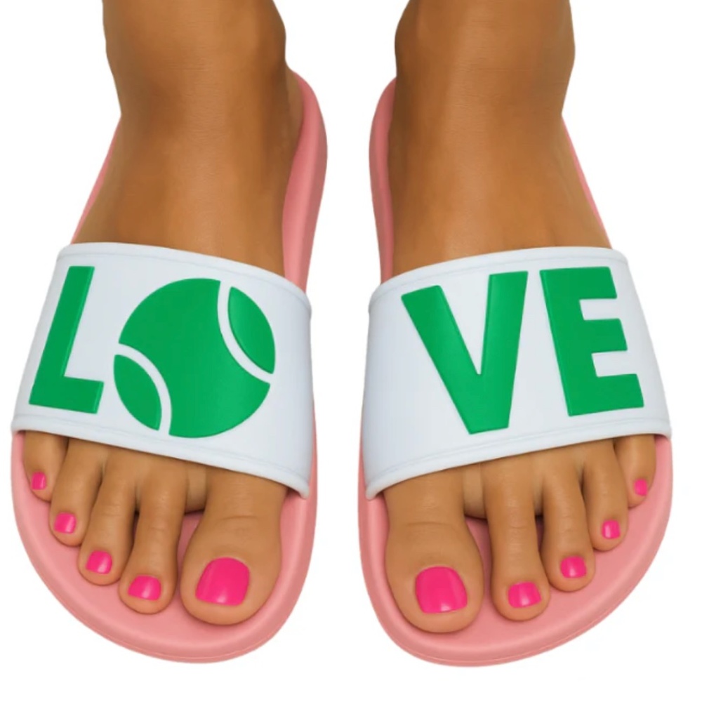 Tennis LOVE After Play Tennis Slides - Pink, Green & White